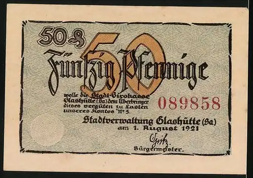 Notgeld Glashütte 1921, 50 Pfennig, Uhr und Kasse