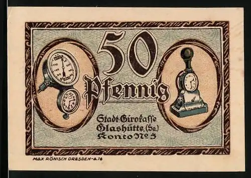 Notgeld Glashütte 1921, 50 Pfennig, Barometer und Uhr