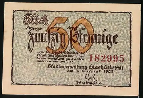 Notgeld Glashütte 1921, 50 Pfennig, Barometer und Uhr