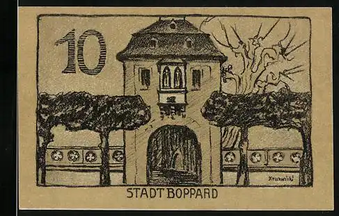 Notgeld Boppard 1920, 10 Pfennig, Wappen und Tordurchgang