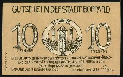 Notgeld Boppard 1920, 10 Pfennig, Wappen und Tordurchgang