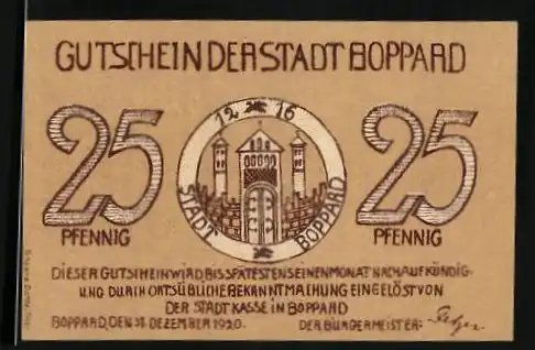 Notgeld Boppard 1920, 25 Pfennig, Panorama am Fluss mit Dampfer
