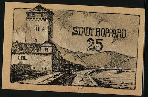 Notgeld Boppard 1920, 25 Pfennig, Panorama am Fluss mit Dampfer