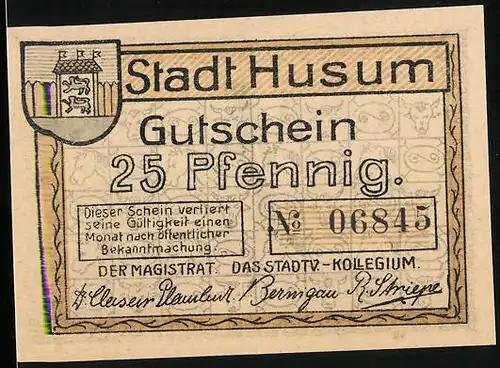 Notgeld Husum, 25 Pfennig, Wappen und Bäuerin