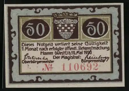 Notgeld Hamm (Westf.) 1920, 50 Pfennig, Wappen und Alter Bahnhof