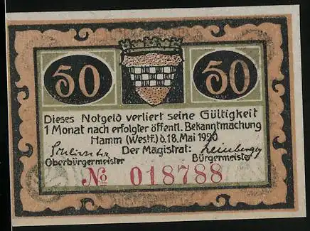 Notgeld Hamm (Westf.) 1920, 50 Pfennig, Ortsansicht mit Kirche am Wasser