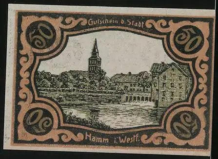 Notgeld Hamm (Westf.) 1920, 50 Pfennig, Ortsansicht mit Kirche am Wasser