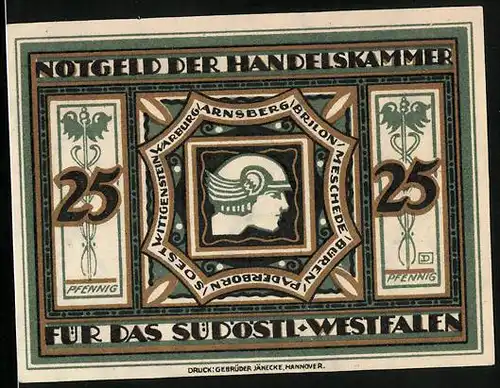 Notgeld Arnsberg 1920, 25 Pfennig, Hermessymbolik und Wappen