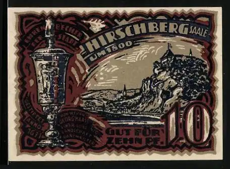 Notgeld Hirschberg /Saale 1921, 10 Pfennig, Ortsansicht um 1800