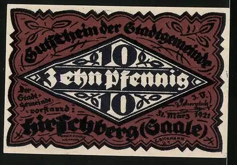 Notgeld Hirschberg /Saale 1921, 10 Pfennig, Ortsansicht um 1800