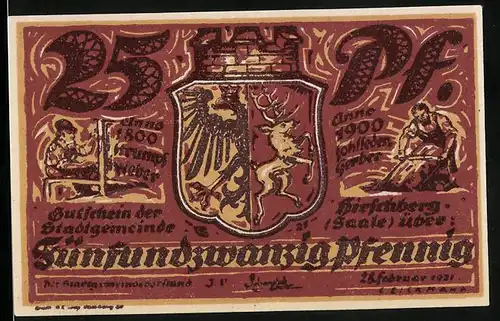 Notgeld Hirschberg 1921, 25 Pfennig, Wappen, Eingang der Saale ins Thüringer Land