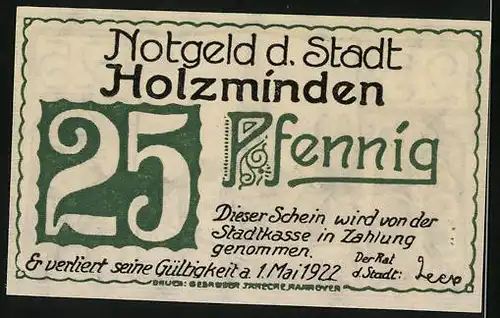 Notgeld Holzminden 1922, 25 Pfennig, Ortspartie mit Kirche