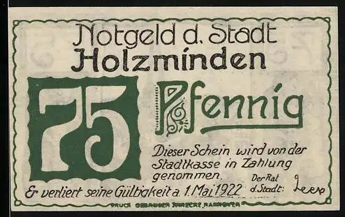 Notgeld Holzminden 1922, 75 Pfennig, Marktplatz mit Rathaus