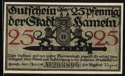 Notgeld Hameln 1918, 25 Pfennig, Flötenspieler und Kinder