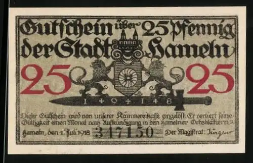 Notgeld Hameln 1918, 25 Pfennig, Kinder und ein Flötenspieler