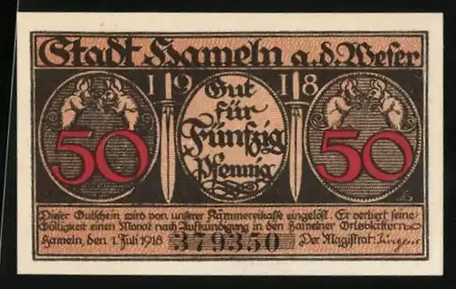 Notgeld Hameln a. d. Weser 1918, 50 Pfennig, Flötenspieler und Kinder