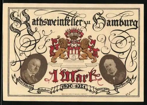 Notgeld Hamburg 1921, 1 Mark, Robert Hahn jun. und sen., Rathsweinkeller