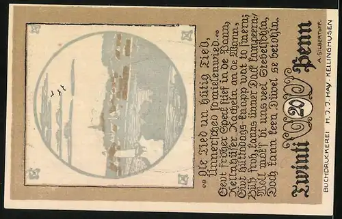 Notgeld Kellinghusen 1920, 20 Pfennig, Ortspanorama am Wasser mit Segelboot