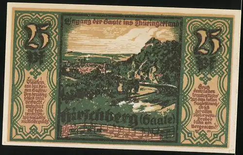 Notgeld Hirschberg 1921, 25 Pfennig, Eingang der Saale ins Thüringer Land