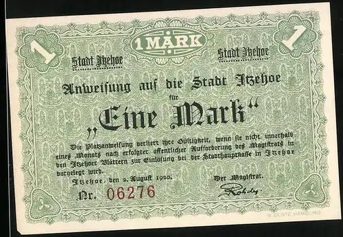 Notgeld Itzehoe 1920, 1 Mark, Eine Gruppe Jäger in ihrem Camp