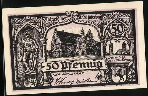 Notgeld Jüterbog 1920, 50 Pfennig, Blick auf das Rathaus