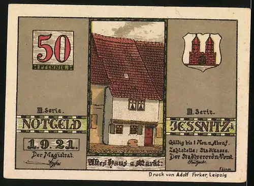 Notgeld Jessnitz 1921, 50 Pfennig, Rathaus im 17. Jahrhundert