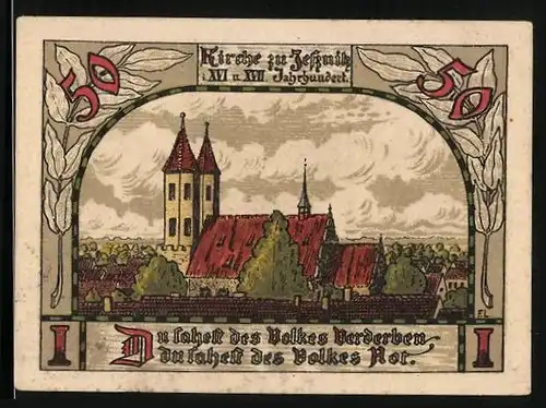 Notgeld Jessnitz 1921, 50 Pfennig, die Kirche im 16. und 17. Jahrhundert