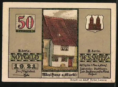 Notgeld Jessnitz 1921, 50 Pfennig, die Kirche im 16. und 17. Jahrhundert