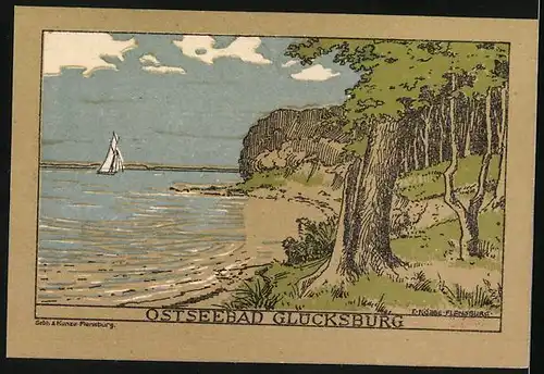 Notgeld Glücksburg 1920, 50 Pfennig, Uferpanorama mit einem Segelboot