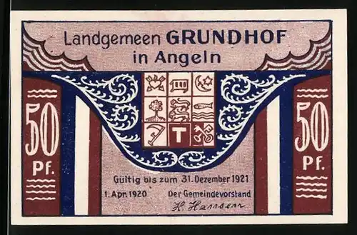 Notgeld Grundhof in Angeln 1920, 50 Pfennig, Kirche von 1757