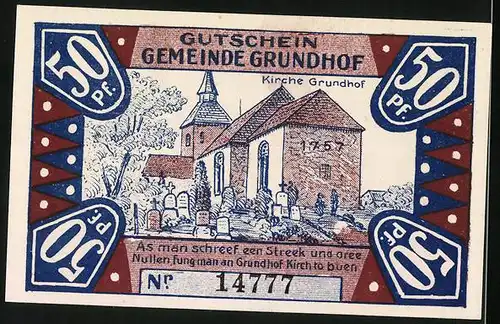 Notgeld Grundhof in Angeln 1920, 50 Pfennig, Kirche von 1757