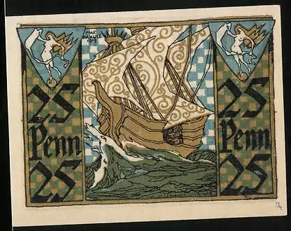 Notgeld Glückstadt 1919, 25 Pfennig, Schiff auf stürmischer See