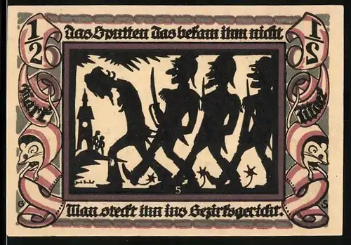 Notgeld Glauchau 1921, 1 /2 Mark, Ordnungshüter nehmen Bebel gefangen