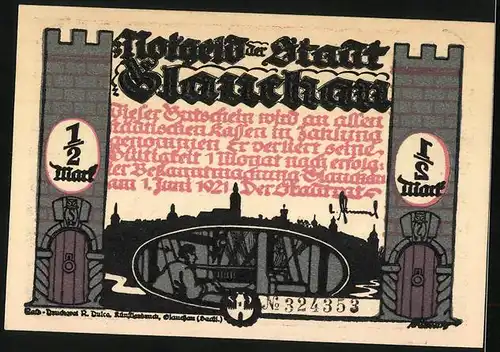 Notgeld Glauchau 1921, 1 /2 Mark, Die Wache zieht um die Häuser