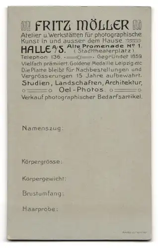 Fotografie Fritz Möller, Halle a. S., Alte Promenade 1, Bürgerlicher Herr im Anzug mit Schnurrbart