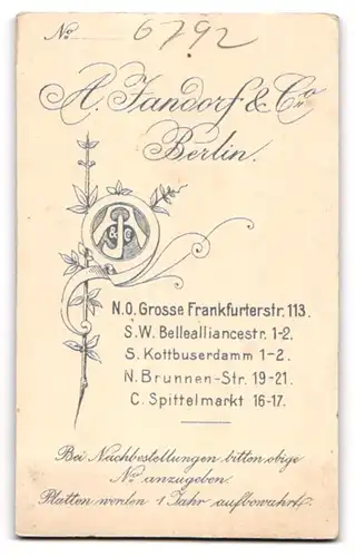 Fotografie A. Jandorf & Co., Berlin, Grosse Frankfurterstrasse 113, Bürgerliche Dame im Kleid mit Buch