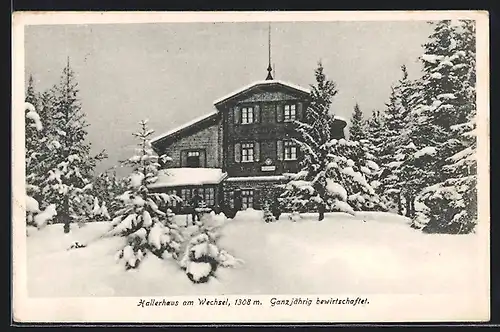 AK Hallerhaus am Wechsel, Berghütte im tiefen Schnee