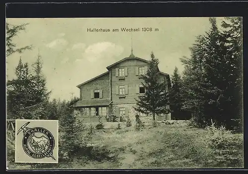 AK Hallerhaus am Wechsel, Gebäudeansicht mit Tannen