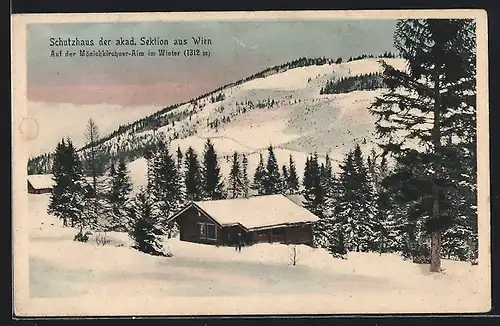 AK Schutzhaus Mönichkirchner-Alm, Berghütte der akad. Sektion aus Wien im Winter