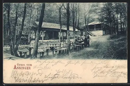 AK Anningerschutzhaus, Mödling, Gartenansicht mit Wirt und Gästen