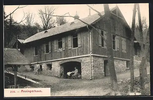 AK Anningerhaus, Mödling, Gebäudeansicht mit Gästen und Strasse