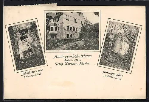 AK Anninger-Schutzhaus, Jubiläumswarte, Anningerspitze mit Wilhelmswarte