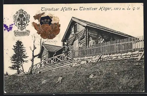 AK Türnitzer Hütte am Türnitzer Höger, Berghütte mit Gästen, Wappen