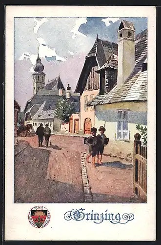 Künstler-AK E.Reckziegel: Grinzing, Ortspartie mit Leuten und Kirche, Deutscher Schulverein