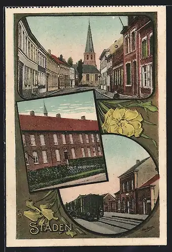 AK Staden, Ortspartie mit Blick auf Kirche, Bahnhof