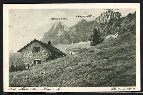 AK Austria-Hütte, Berghütte am Brandriedl mit Thorstein, Mitterspitze u. Dachstein