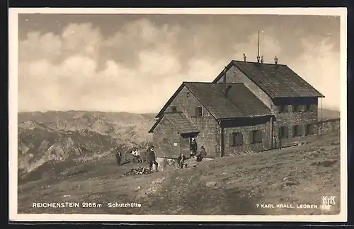 AK Schutzhütte am Reichenstein, Berghütte mit Panorama