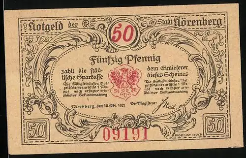 Notgeld Nörenberg am Enzigsee 1921, 50 Pfennig, angeketteter Hummer