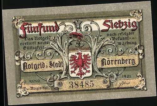 Notgeld Nörenberg 1921, 75 Pfennig, auf einem Schimmel reitender Hummer