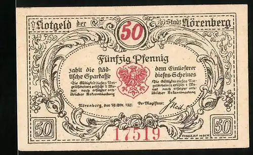 Notgeld Nörenberg 1921, 50 Pfennig, Hummer in Ketten